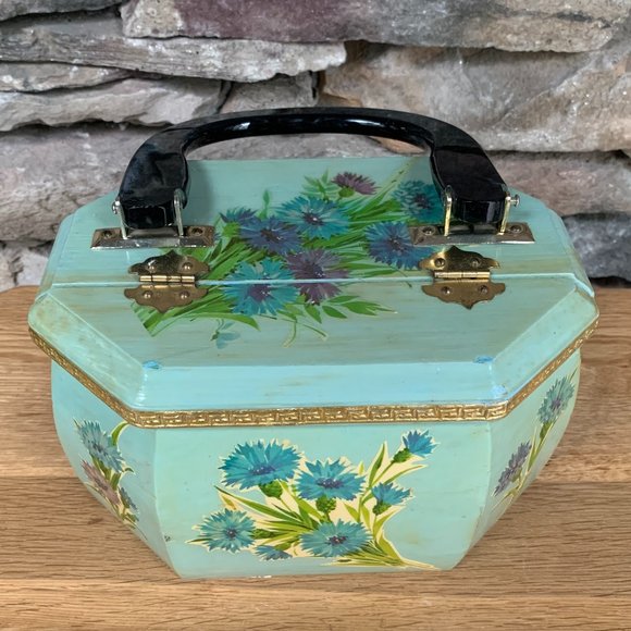 VTG Wood Decoupage Purse Floral 60s 70s Pearlized Handle Felt Lined - Picture 3 of 12